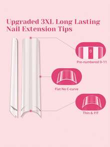 240pcs C-Curve Transparent Nail Tips, Suitable For Acrylic Nails, Professional 3XL Extra Long Square Nail Tips, Half-Cover Straight Cone-Shaped French Fake Nails, Suitable For Nail Salons And DIY Home Use Nail Supplies - Multicolor - View 3