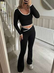 Vaiaye Women's Valentine's Day Carnival Y2k Women's Two Pieces Casual Sports Yoga Body Shaping Long Sleeve Brown Black With Open Umbili And Micro Pull Hip Lifting Black PantsSet - Black - View 1