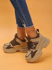 女士休闲坡跟厚底运动鞋，适合日常穿着 - 棕色 - 查看 4