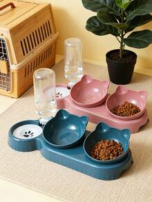 Pet Bowls With Water Feeder,1pc 3-In-1 Double Bowl Set And Automatic Water Dispenser Bottle To Keep Your Pet Hydrated And Full!, 3 In 1 Ear Design Tilted Cat Water And Food Bowl Set With Gravity Water Bottle For Neck Protection