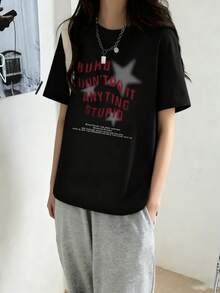 女士休闲宽松圆领星星字母印花短袖T恤，春夏款 - 黑色 - 查看 1