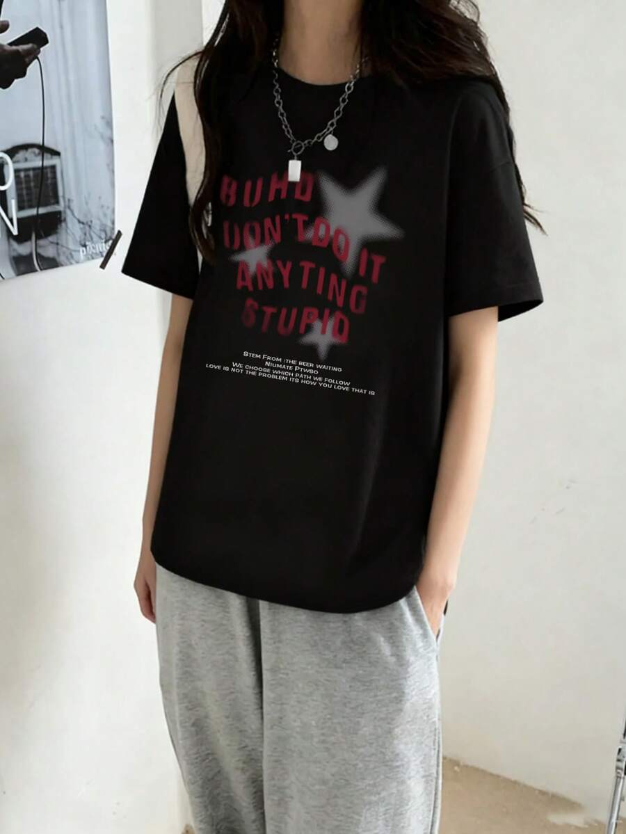 女士休闲宽松圆领星星字母印花短袖T恤，春夏款 - 黑色 - 查看 1