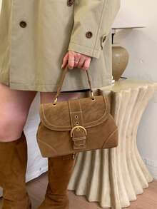Niche Design Vintage PU Women's Handbag, Fashionable Structured Crossbody Bag With Adjustable Long Shoulder Strap, Buckle And Eyelet Hardware, Suitable For Daily Commute, Shopping, Dating, Casual Versatile Shoulder Bag - Multicolor - View 10
