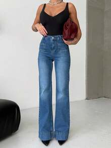 SQUALO Women's Wide Leg Color With Pocket Details Destroyed Retro Washed Street Style Jeans Ripped And Cutout Wide Leg Jeans ,Petite Women - Navy Blue - View 1