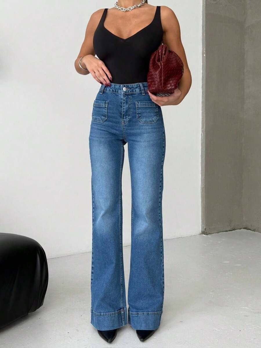SQUALO Women's Wide Leg Color With Pocket Details Destroyed Retro Washed Street Style Jeans Ripped And Cutout Wide Leg Jeans ,Petite Women - Navy Blue - View 1