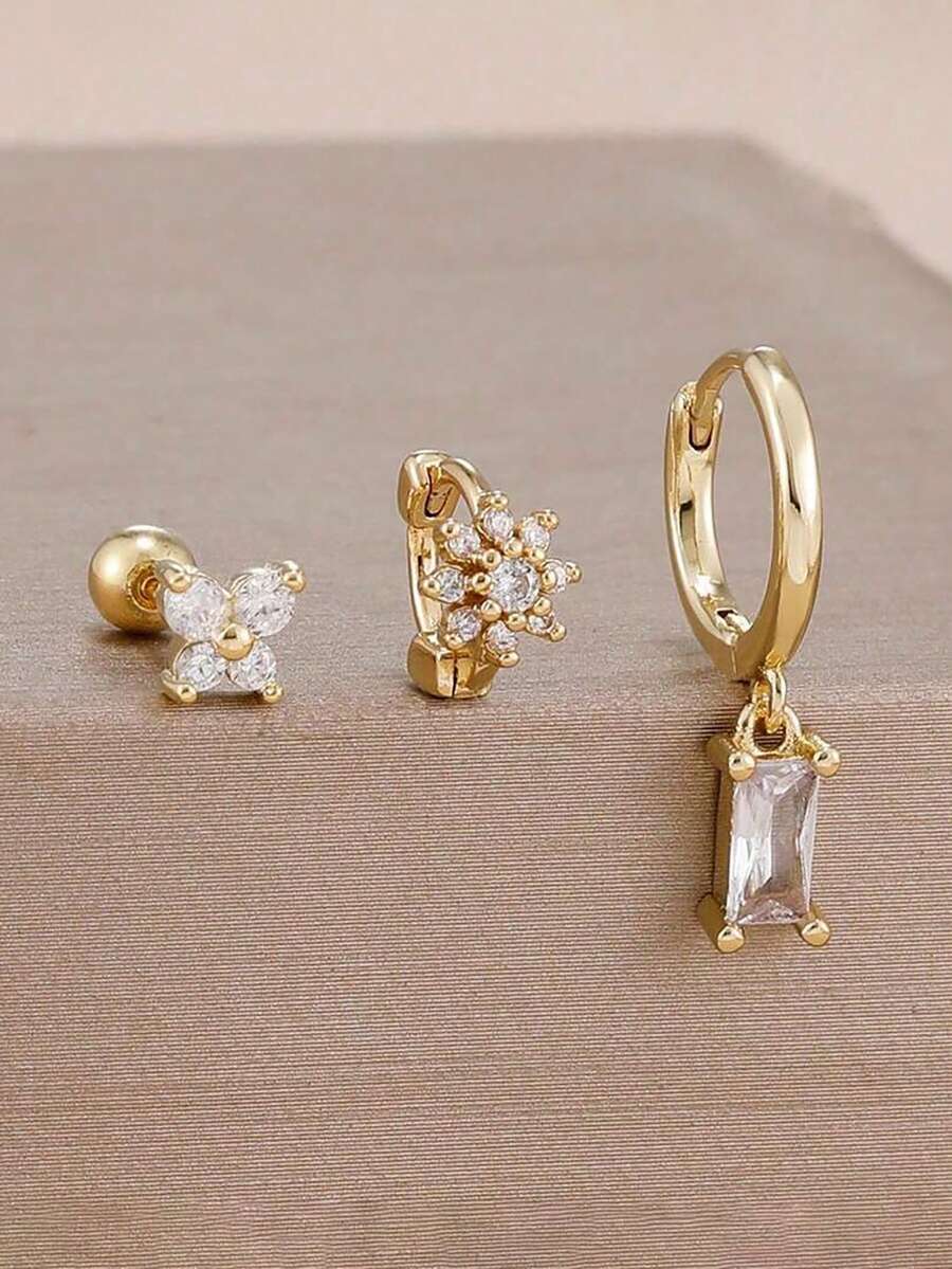 3件組 18K鍍金透明鋯石蝴蝶與花朵耳釘，12星座不鏽鋼耳環，低過敏耳軟骨穿刺飾品，情人節、媽媽、母親節禮物 - 金-17# - 查看 1