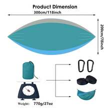 3米 x 2米（300*200厘米）双人露营吊床，包含2根树带、2个不锈钢D型环和1个收纳袋，便携式吊床采用210T尼龙面料，经久耐用，易于安装，适合露营、海滩、徒步旅行等户外活动。