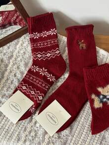 1 đôi tất nữ dày dặn, màu trơn thời trang, màu đỏ cổ điển, mềm mại và ấm áp, thích hợp cho mùa thu/đông, họa tiết cún con và hươu dễ thương, kiểu dáng ngọt ngào và năng động dành cho nữ, cao đến bắp chân. - Đỏ - Xem 3