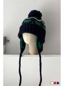 Fair Isle Knit Beanie Hat, Women's Winter Ear Warmer Ski Cap, Versatile Balaclava, Autumn/Winter Warm Knit Trapper Hat With Pom Pom, Retro Style