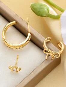 3 Stück Modische minimalistische Schleife Kubikzirkonia funkelnde Ohrstecker Set für Frauen, Hypoallergen, kleines Creolen Design, leicht & mini, vielseitig, geeignet für mehrfache Ohrpiercings - Goldgelb - Übersicht 7