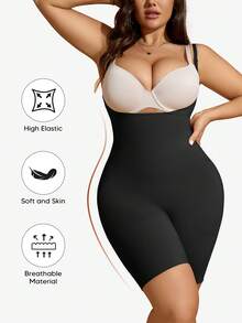 Macacão justo feminino de cor sólida com decote redondo, controle de barriga e efeito levanta bumbum. - Preto - Ver 4