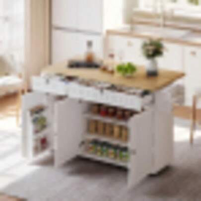 Kücheninsel Mit Klappbarer Arbeitsplatte, Küchenschrank Auf 6 Feststellbaren Rollen, Mit Ablage, Türregal, 2 Großen Schubladen Und Schrank, White, 137 X 89.5 X 45 Cm