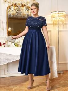 Plus Sequin Floral Lace Scallop Neckline Contrast Satin Elegant Evening Party Dress, Wedding Guest Dress, Prom Dress, S Summer - Navy Blue - View 5