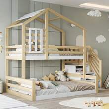 Litera, 90*200cm, madera de pino, cama con ventana, cabecero, barandilla, escalones de almacenaje, natural - Color natural 1 - Ver 4