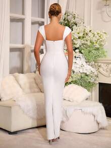 新款黄色性感重工闪亮珍珠钻石露肩绷带长裙优雅女士生日派对婚礼宾客正式晚宴礼服 - 白色 - 查看 9