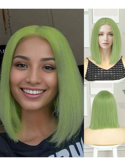 12inch Cosplay Wig Green Synthetic Hair Wig High Temperature Short Hair For Women Middle Part Straight Hair Wig Holiday Daily Fashion Style Synthetic Hair Wig Woven Hair Wig For Halloween And Christmas New Year Carnival Music Festival