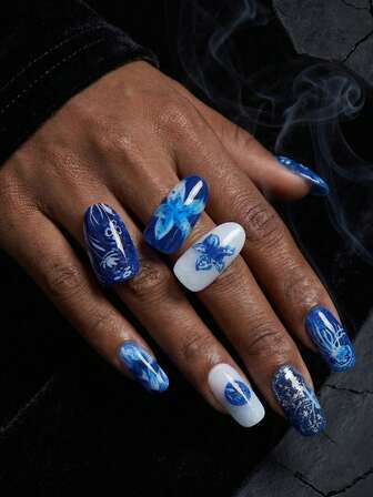 30pcs Medium Oval Blue Glitter Press-On Nails, 3D Flower Fake Nails, Blue Ocean Style Artificial Nails, Party & Holiday False Nails