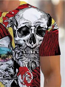 Men's Vintage 3D Printed Gothic Skull & Band Graphic-Shirt - Vibrant Red/Black/White/Pink/Blue/Yellow/Purple/Orange/Beige - Crew Neck Short Sleeve Casual Summer Tee Music Festivals & Casual Attire - Washable Bold Statement Shirt With Retro Skull Design, Artistic 3D Print, And Comfortable Fit Men, PLUS SIZE - 混合色 - 查看 5