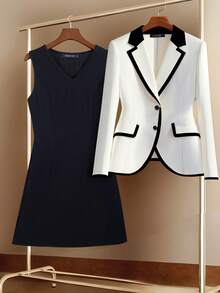 HOMEYEE 两件套：双排扣西装外套和无袖连衣裙，优雅商务休闲装，适合各种场合和度假穿着 - 白色 - 查看 1