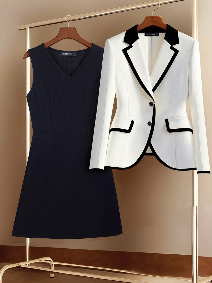 HOMEYEE 两件套：双排扣西装外套和无袖连衣裙，优雅商务休闲装，适合各种场合和度假穿着 - 白色 - 查看 1