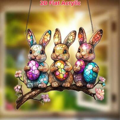 Atrapasol de conejo de Pascua acrílico 2D plano, colgante de ventana acrílico de 7X8 pulgadas, decoración de estilo de jardín, adecuado para Pascua, Día de San Valentín, cumpleaños, celebraciones de inauguración de la casa, celebraciones de primavera - Tema animal, perfecto para el hogar, porche, dormitorio, patio