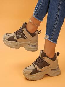 女士休闲坡跟厚底运动鞋，适合日常穿着 - 棕色 - 查看 3