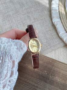 1件女士椭圆形罗马数字休闲优雅石英腕表，适合日常佩戴 - 棕色 - 查看 2