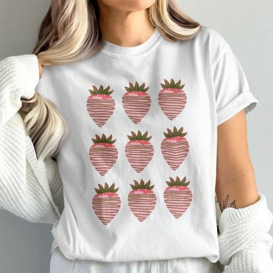 Strawberry T-Shirt, Strawberry Sweahirt,  T-Shirt, Gildan Sweahirt, Pink Strawberry, Chocolate Covered Strawberry, Cute Design.220g Pure Cotton T-Shirt Quick drying and comfortable blusas gym - Blanco - Ver 1