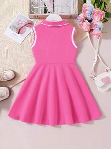 Girls' Polo Collar Short Sleeve Casual Printed Dress - Pink - View 2