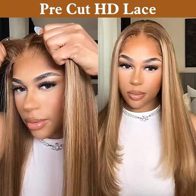 5*5 Wear And Go 4/27 Honey Blonde Long 8-34 Inch Wig Human Frontal Hair 13x4 HD Lace Front Wigs 200% Density Brazilian Blended Virgin Hair Pre Cut Lace Human Frontal Hair Straight Wig Pre Plucked With Baby Hair Blended Hair For Women Daily Party Christmas Use