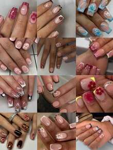 24pcs/Set Medium Square Shiny Colored French Manicure Nail Stickers, Containing Glter, Full Coverage Acrylic False Nails, Inclus 1pc Jelly Gel And 1pc Nail File, Suable For Women And S For Daily Work, Study And Garings - Nhiều màu 16 - Xem 4