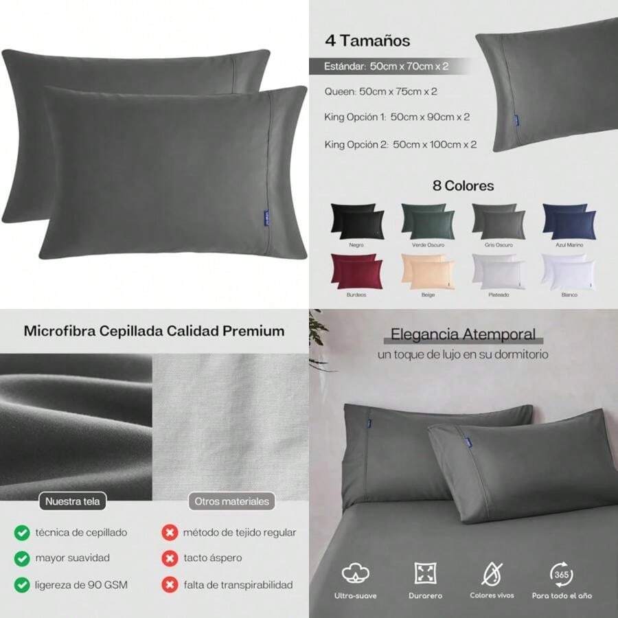 MR& 2 Fundas de Almohada de Microfibra Ultrafina Tamaño Estándar 50x70cm, Suaves Cómodas y Elegantes con Bordes Decorativos, Funda para Almohada Diseño Tipo sobre (50x70cm, )(Gris Oscuro Estándar(50x70cm)) - Multicolor - Ver 1
