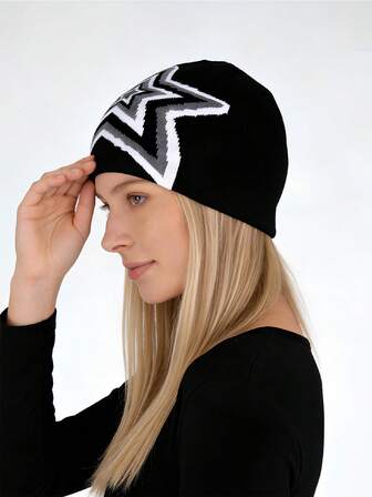 1pc Y2K Gothic Letter Jacquard Knit Beanie, Loose Comfortable Warm Knitted Hat, Unisex Couple Skull Cap, Suitable For Outdoor, Cycling, Travel, Skiing