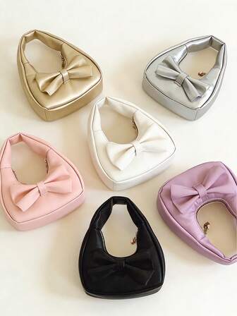 1pc Girl's Bow Decor PU Leather Mini Handbag, Zipper Closure, Casual Cosmetic/Coin Purse, Suitable For All Seasons Daily Use