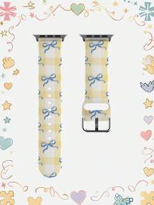 1条黄白格子蓝色蝴蝶结柔软弹力透气舒适替换表带，适用于三星、荣耀智能手表，尺寸可选38mm、40mm、41mm、42mm、46mm、45mm、44mm、49mm；日常休闲多色硅胶表带，兼容苹果手表Ultra SE/11/10/9/8/7/6/5/4/3/2/1；节日礼物蝴蝶结图案表带 - 彩色 - 查看 1