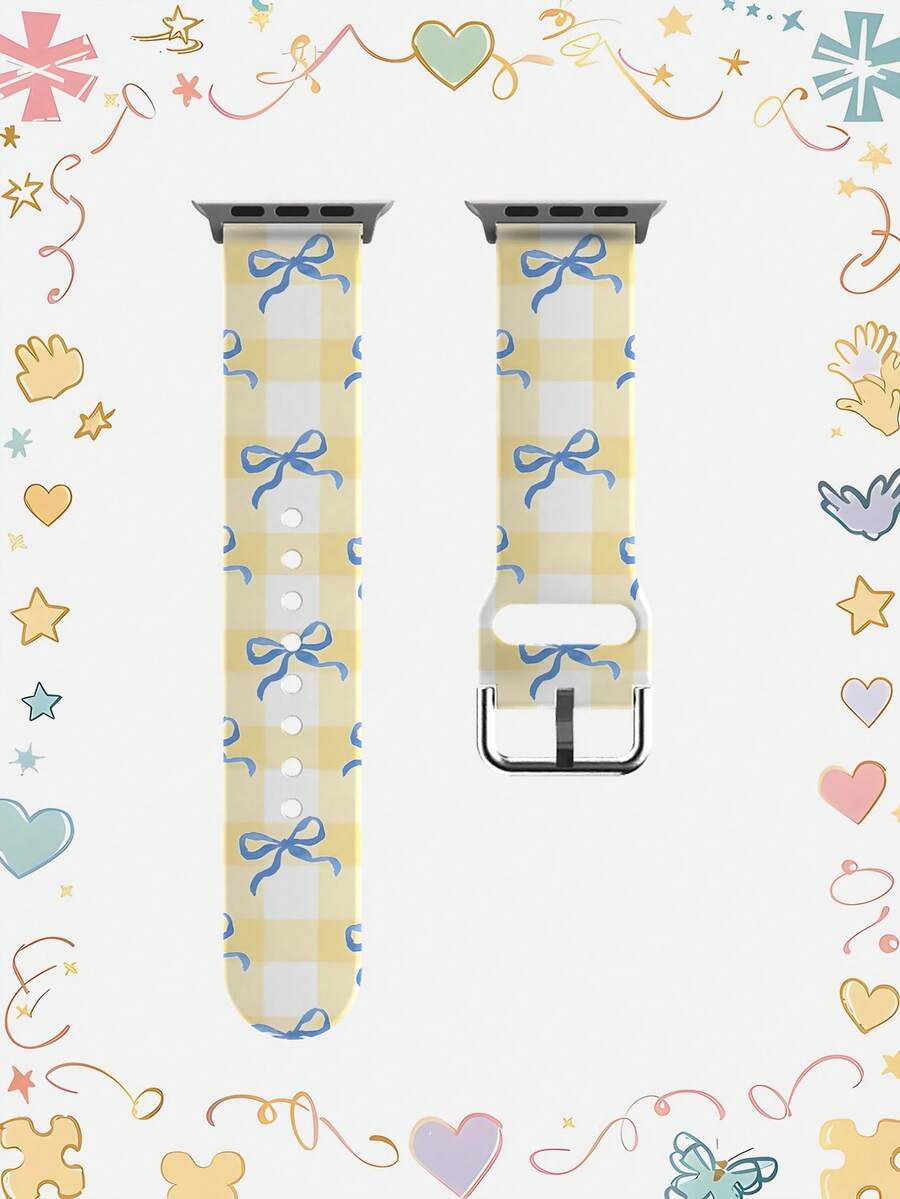 1条黄白格子蓝色蝴蝶结柔软弹力透气舒适替换表带，适用于三星、荣耀智能手表，尺寸可选38mm、40mm、41mm、42mm、46mm、45mm、44mm、49mm；日常休闲多色硅胶表带，兼容苹果手表Ultra SE/11/10/9/8/7/6/5/4/3/2/1；节日礼物蝴蝶结图案表带 - 彩色 - 查看 1