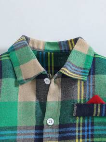 Boys' St. Patrick's Day Casual Plaid Pocket Detail Long Sleeve Button-Up Shirt, Suitable For Spring, Autumn And Winter - Green - View 3