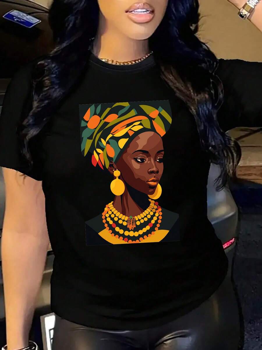 Women'S African Woman Print T-Shirt - Vibrant Afrocentric Design With Traditional Attire Illustration, Casual Short Sleeve Crew Neck Top, Breathable & Comfortable Polyester, Perfect Gift For Her, Cultural Wear |   Vibrant Print Tee |   Comfortable Fi - 黑色 - 查看 1