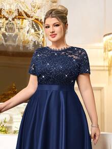 Plus Sequin Floral Lace Scallop Neckline Contrast Satin Elegant Evening Party Dress, Wedding Guest Dress, Prom Dress, S Summer - Navy Blue - View 8