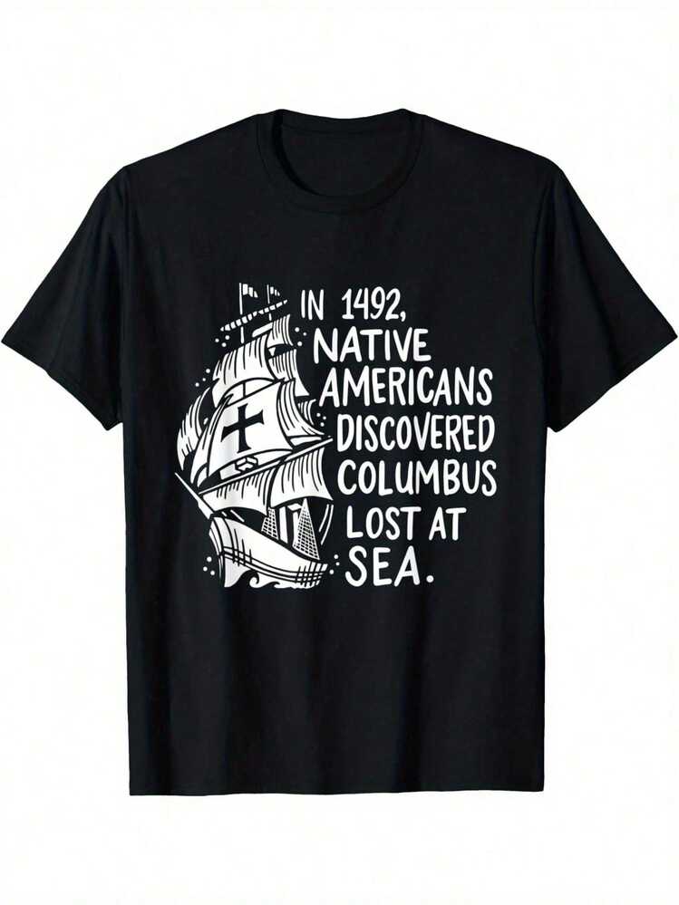 Camiseta Columbus Descubierta Negra Casual de Manga Corta para Hombre 220g - Negro - Añade 6