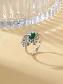 Gift Box Luxury Leaf-Shaped Emerald Ring, Shiny Cubic Zirconia Jewelry For Party And Banquet, Ideal Gift Choice For Holidays - Silver - View 3