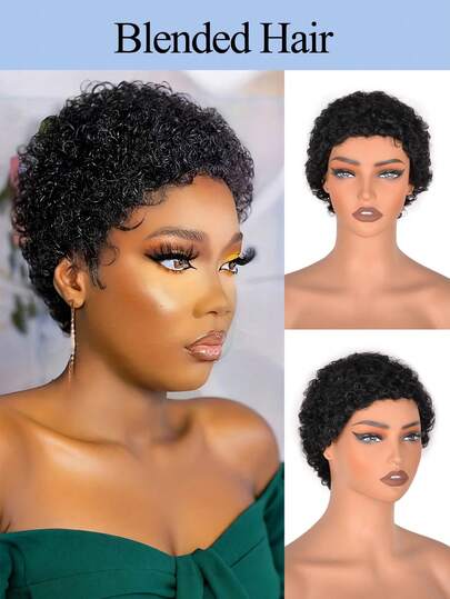 3英寸真发短款精灵头卷发假发，黑色精灵头假发，非裔蓬松卷发假发，无蕾丝玫瑰网帽，融合式防脱发全头假发，女士短款卷发假发