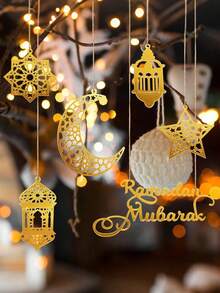 6pcs Ramadan Decoration Set, Acrylic Ramadan Blessing Ornaments Eid Pendant Wind Lamp Moon Star Shapes Ramadan Decor, Suitable For Hanging On Wall, Window, Tree (Gold) - Gold - View 6