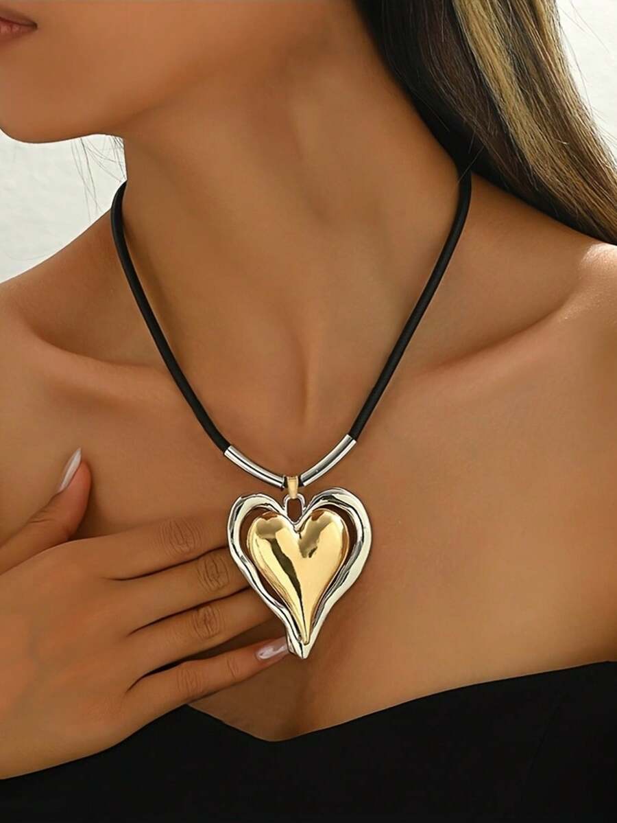 1pc Fashionable Geometric Glossy Oversized Heart Pendant Necklace With Bicolor Rope, Versatile For Women - Multicolor - View 1