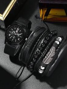 4pcs/Set Men's Watch Set, Fashion Quartz Watch + Versatile Bracelet Set, Classic Round Dial, Comfortable Nylon Strap, Suitable For Daily Wear - Black - View 9