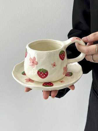 1 Set Vintage French Ceramic Coffee Cup & Saucer, Hand-Painted Strawberry & Flower Design Mugs With Handles, Dessert Plates, Suitable For Afternoon Tea, Latte, Juice, Milk, Gifts For Family And Friends