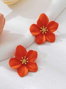 1 Pair Vibrant & Colorful Five-Petal Flower Earrings, Inspired By Dopamine, Suitable For Summer Wear - Orange - View 4