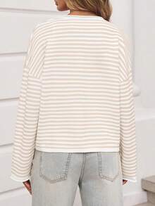 Women's Striped Cardigan Long Sleeve Open Front Button Down Lightweight Loose Knit Fall Winter Sweater - 白色 - 查看 3