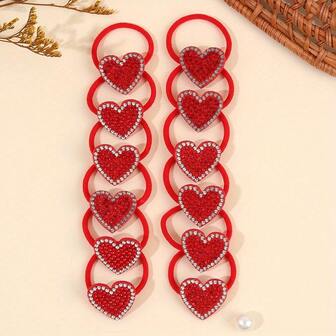 10pcs/Set Shiny Crystal Heart Shaped Hair Ties - Valentine's Day Theme Hair Accessories, Red & Crystal, Cute Hair Decor For Valentine's Day, Valentine's Gift