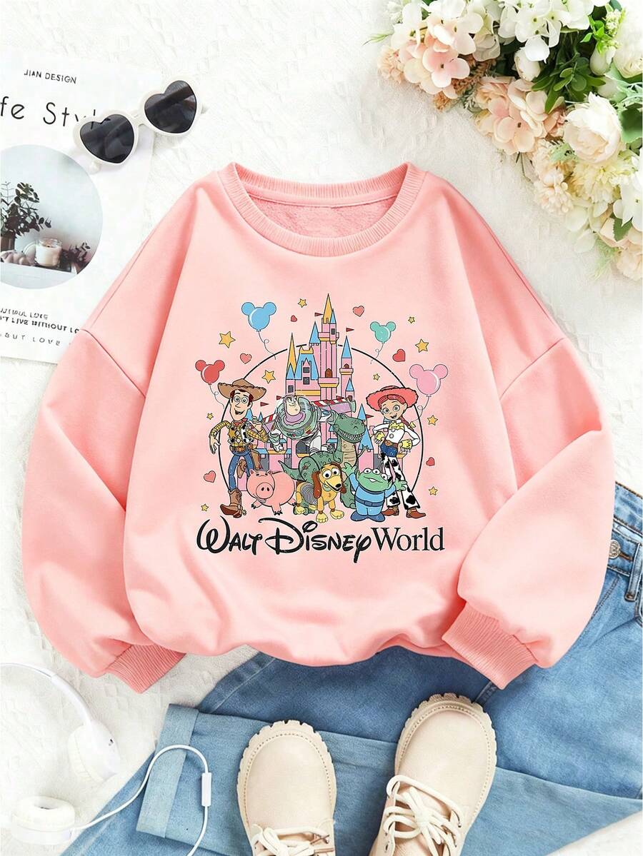 Disney Toy Story Cartoon Pattern Print, Soft And Warm Girl Hoodie, Suitable For Girls' Daily Wear, Family Outings And Other Scenarios. - Hồng - Xem 1